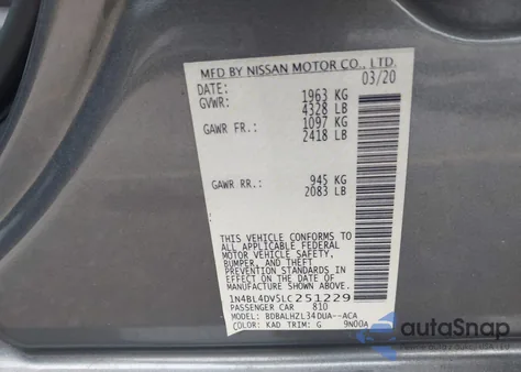 2020 Nissan Altima Sv Fwd из США, поврежденный, VIN 1N4BL4DV5LC251229